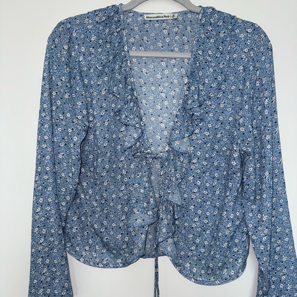 Abercrombie & Fitch Blue Long-Sleeve Tie-Front Ruffle Top